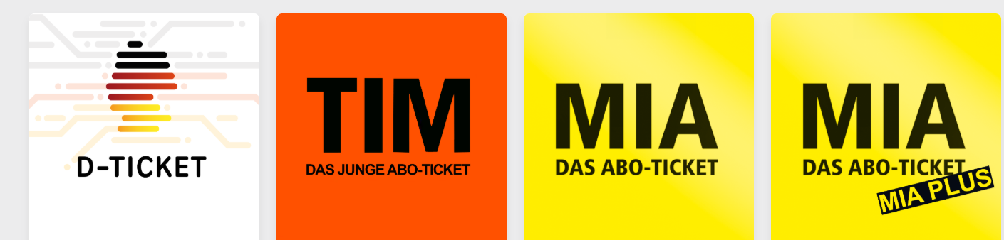 Beispiele für Monatstickets: Deutschlandticket, TIM, MIA und MIA Plus